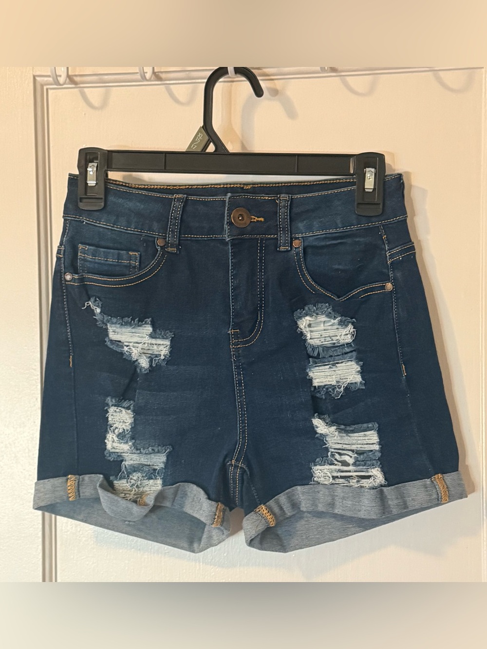 High-Rise Dark Blue Distressed Denim Shorts